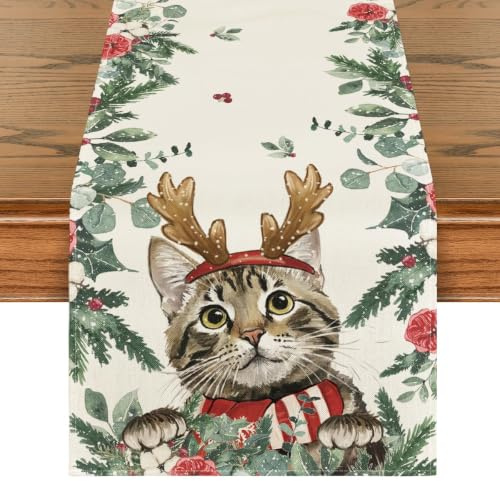 Artoid Mode Holly Blumen Eukalyptus Katze Weihnachten Tischläufer, Saisonnal Winter Küche Tisch Dekoration Drinnen Urlaub Party Dekor 40x180 cm