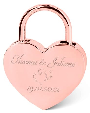 Cadenas en forme de cœur gravé – Cadenas personnalisé en or avec clé cœur – Nom et date personnalisables – Idée cadeau Saint-Valentin – Pour elle
