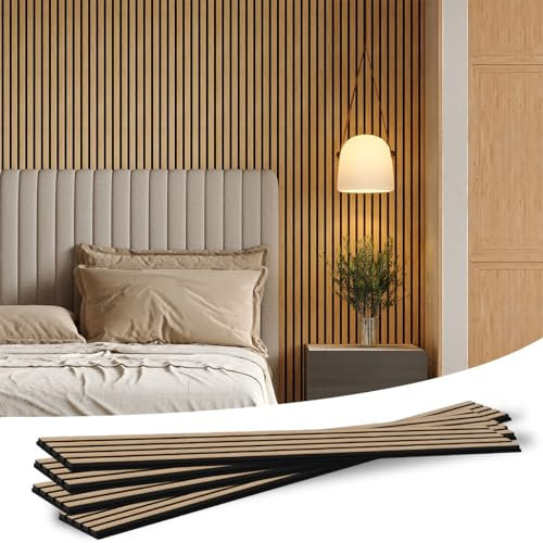 SOCBAZZAR Two Wood Slat Acoustic Panels for Wall and Ceiling, 3D Fluted Wood Veneer Paneling, 94.5 x 8 Each Soundpoof Wooden Slat Wall Panel - White Oak