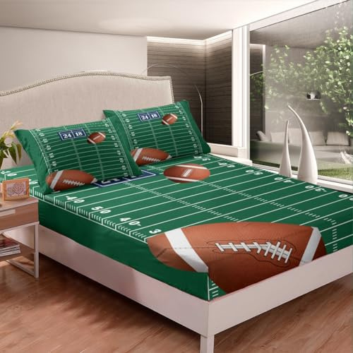 Football Fitted Sheet Full Size Kids Rugby Bedding Set for Boys Girls Teens Football Bed Sheet Set Breathable Sports Theme Green Bed Cover Deep Pocket Room Decor