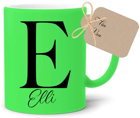 Manufaktur Liebevoll Tasse Personalisiert Buchstaben Tasse Personalisierte Tasse mit Namen Namenstasse in Neon Grün Keramik Geschenk (Buchstabe + Name, Grün)