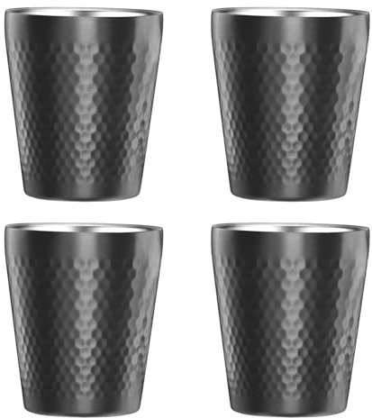 TIICOO Edelstahlbecher 4 Packungen 300 ml, Stapelbar Doppelwandig Isoliert Metall Bruchsicher Titanbeschichtete Diamantstrukturierte Oberfläche Hitzebeständig Spülmaschinenfest (Schwarz - 4er Set)