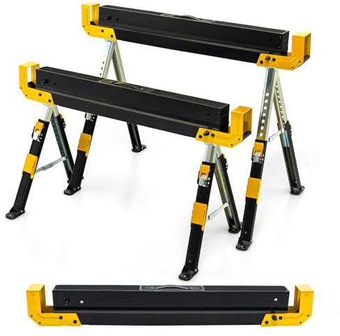 COSTWAY 2 Caballetes Plegables, Caballete de Acero con 2 x 4 Brazos de Soporte, Altura Ajustable de 61,5 a 82,7 cm, Caballetes de Sierra Portátiles, hasta 1180kg (Negro + Amarillo)