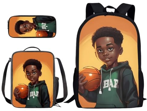 Poceacles Schulrucksack-Set für Kinder, Teenager, große Kapazität, Büchertasche mit Lunchtasche, Federmäppchen für Grundschule und Mittelschule, African Boy Basketball, Einheitsgröße