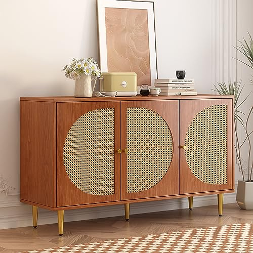 Lexiou Sideboard mit 3 Rattan verzierten Türen Kommode Highboard mit Metallgriffe, für Schlafzimmer & Wohnräume & Büro,129.8X 40x 76cm (Walnut)