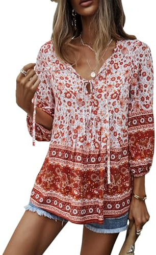 CNTSFS Bluse Damen Elegant Lässige Boho V-Ausschnitt Blumenmuster Lose Tunika Damen Langarm Sommer(Rot S)