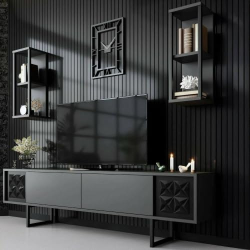 Dmora TV-Schrank Kaus 180x30x48 cm Schwarz, 5 Regale, modular