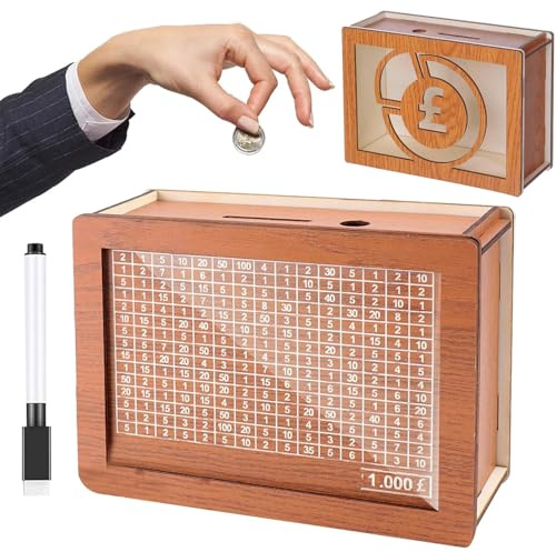 Wooden Money Box for Savings Challenge - 1000 Pounds Money Saving Box with Counter for Adult, Wood Money Cash Coin Jar, Personalised Money Saving Bank with Marker & Eraser home