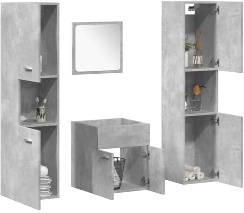 Gecheer 4-TLG. Badmöbel Set Badezimmerschrank Badmöbelset Badezimmermöbel Badezimmerschränke oder Badmöbel Garnitur Betongrau Holzwerkstoff