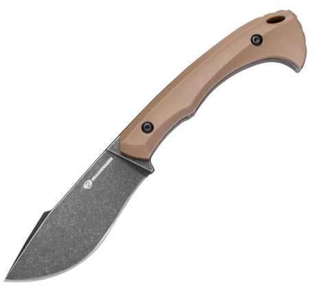 DRACHENADER Jagdmesser L-Y, Feststehendes Outdoor Messer mit 8,8 cm Klinge aus 5Cr13MoV Stahl, Gürtelmesser mit ABS-Scheide, Gürtelclip, Blackwash Finish Klinge- Khaki Griff