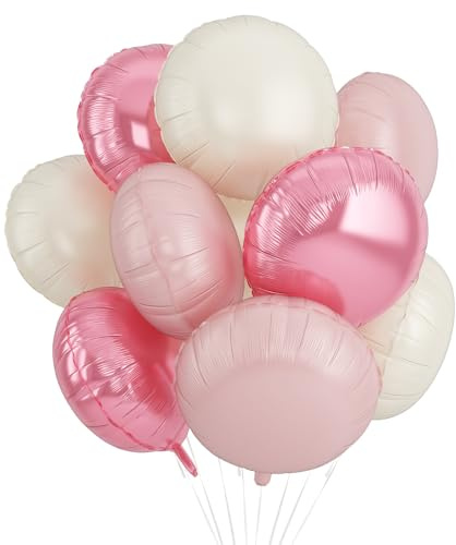 20PCS 18 Inch Round Foil Balloon, Retro Light Pink Cream White Round Shaped Balloons, Giant Round Aluminum Balloon For Birthday Party Wedding Baby Shower Bachelorette Celebration Anniversary Decor
