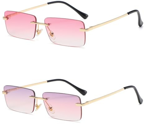 Luxury Vintage Square Sunglasses, Rimless Shades for Stylish Protection, Square Sunglasses & Vintage Sunglasses, Pink/Purple