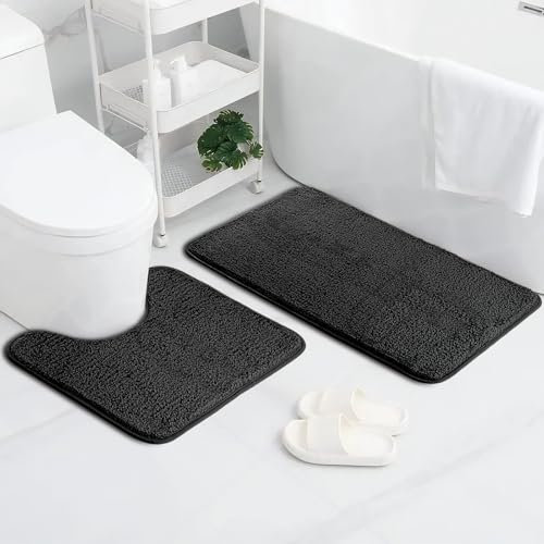 AUAUY Bathroom Mat Sets 2 Piece, Microfiber Fluffy Shaggy Bath Mat+Toilet Rug, Extra Soft Absorbent Bath Mats for Bathroom, Non Slip Quick Dry Rug Toilet Mat for Bathroom Floor, Black