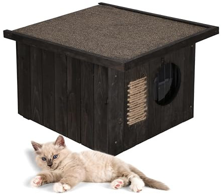 MUNTEL Katzenhaus Outdoor Winterfest, Katzenhaus Isoliert, Clawsable, Holz Outdoor, Katzenhütte 49,5 x 58 x 36 cm (Schwarz)