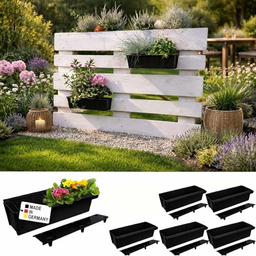 BURI 6 europaletter blomlådesatser inkl. bevattningsmatta | med hängsystem för upphängning | 37,3 cm svart | planteringslåda för europeisk pallpall | balkonglåda | blomkruka | extremt stabil