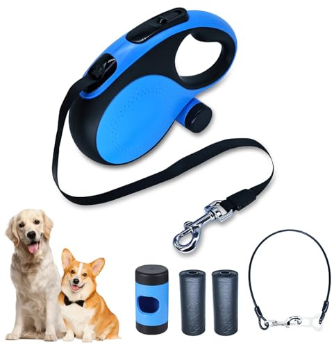 Retractable Dog Leash with Chew Proof Cable, 26ft Heavy Duty Dog Leash for Medium Dogs up to 110lbs, Strong Nylon Strap that Won't Tangle, 360 No Tangle, One-Hand Brake, Blue