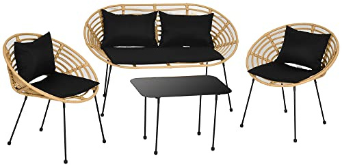 Outsunny Conjunto de Jardín Exterior de Ratán Sintético de 4 Piezas Muebles de Jardín Exterior Incluye 1 Sofá Doble 2 Sillones y Mesa de Vidrio con Cojines Natural y Negro