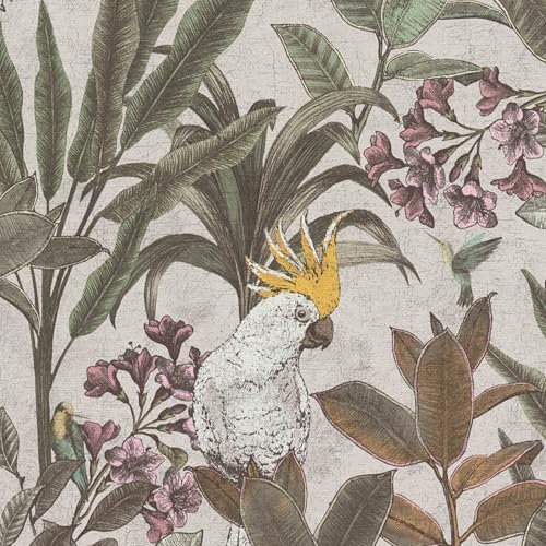 Profhome Carta da parati giungla tropicale 397484-GU carta da parati intissata (TNT) verde giallo bianco-crema rosa 0,53 m x 10,05 m / 5,33 m2
