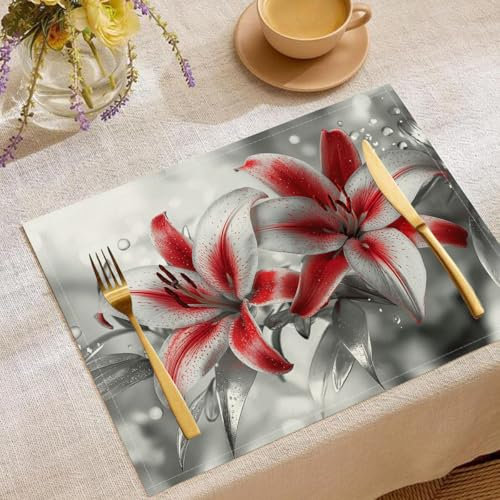 Tischsets platzsets Stoff, Rote Lilie Platzsets Tischset 4er Set, 45 x 30 cm Urlaub Bankett Tischsets, Silberne Blätter Waschbar Platzdeckchen Küche Party Deko