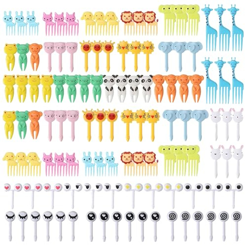 Lot de 120 fourchettes à fruits réutilisables en plastique (22 formes d'animaux + yeux de dessin animé) – Pour pique-nique, boîtes à bento, fêtes, desserts, pics alimentaires, brochettes