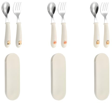 Baby Gabel und Löffel Set,6-teiliges Babylöffel Gabel, Edelstahl Löffel, Selbsternährende Lernutensilien, Kinder Baby Edelstahl Geschenk Edelstah, Baby Utensilien Löffels (3 Sets Cartoon Weiß)