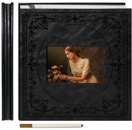 Vienrose Self Adhesive Vintage Photo Album with Faux Leather Cover, Embossed Design Scrapbook with Window 30 Sheets 60 Pages, Photo Book for Baby Wedding Journal, Black