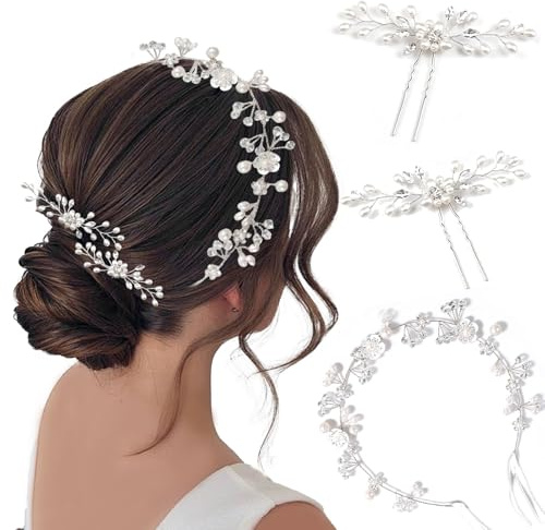 3 Stück Braut Hochzeits Kopfschmuck Set, Blumen Haarschmuck, Tiara, Haarnadel mit Perlen, Stirnbänder, für Braut, Brautjungfern und Abschlussball
