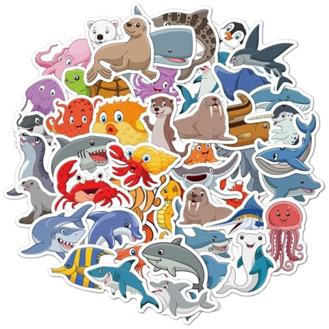 Garegce 100PCS Ocean Sea Animal Stickers, Fish Dolphin Shark Seal Turtle Summer Ocean Theme Waterproof Vinyl Decals, Self-Adhesive Stickers for Kids Water Bottles, Laptop, Computer, Luggage, Cup