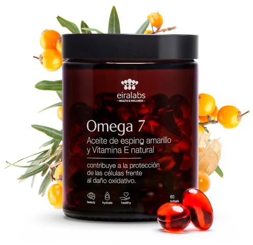 Eiralabs - Omega 7 Aceite de Espino Amarillo para 1 Mes | Ácidos Grasos con Vitamina E y Omega 3, 6 y 9 Nutre Hidrata la Piel de Rápida Absorción 60 cápsulas