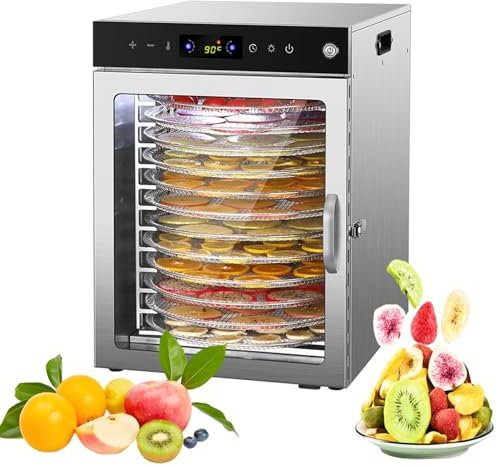 Deshidratador de alimentos giratorio 360°(10 bandejas extragrandes)Control de temperatura de 86 ℉ a 190 ℉ Ventilador doble de 800W Deshidratador para carne seca,frutas,hierbas,verduras(12 Large Stainl