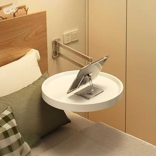 Nordivo Mesita De Noche Colgante,Estantería Flotante De Pared,Mesa Auxiliar De Madera Pequeñas,con Soporte De Aluminio Plegable Y Bandeja Giratoria,para Salón, Dormitorio(White)