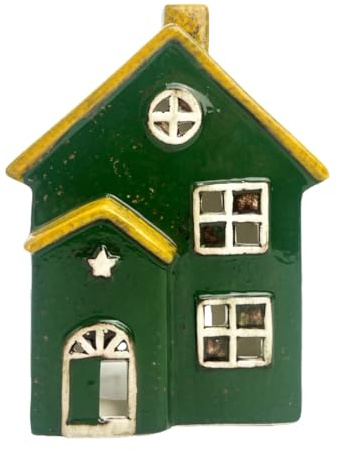 Cello Seaside Lodge Tealight - Green & Yellow Ceramic House Candle Holder Aroma Lamp use with Scent Cups Ornament Aromatherapy Gift for Home Lovers
