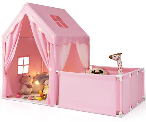 GOPLUS Tienda de Campaña Infantil con Parque, tipi Infantil Interior 2 en 1 con Patio, Luces Estrelladas, Alfombra de Algodón Lavable, Cortinas, Ventanas, Tienda de Juegos para Niños de 3+ Años (Rosa)