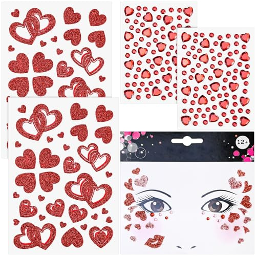 Alethron 5 Bögen Gesichtstattoo, Glitzer Herz Sticker Gesichts Tattoo Gesichtsaufkleber Gesichtstattoo Karneval Strasssteine Glitzersteine Rot Gesicht Tattoo Aufkleber für Damen Halloween Weihnachten