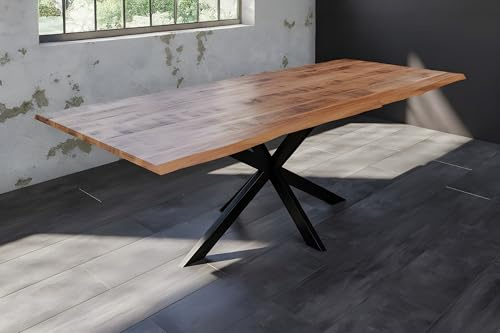 SAM Esstisch Dora 160 x 85 cm, Mangoholz massiv, lackiert & naturfarben, Baumkantentisch mit Spider-Metallgestell in Mattschwarz, echte Baumkante, 26 mm