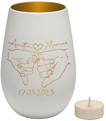 Windlicht mit Gravur – personalisierte Hände mit Namen und Datum – Geschenk zum Jahrestag, Geburtstag oder Valentinstag - Weiß