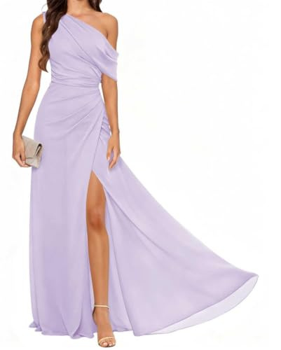 AHERKLL Vestidos de dama de honor de un hombro para boda con abertura de gasa, vestidos de graduación, vestido de invitada de boda, color fucsia ZMAH480, Lila, 52 Grande