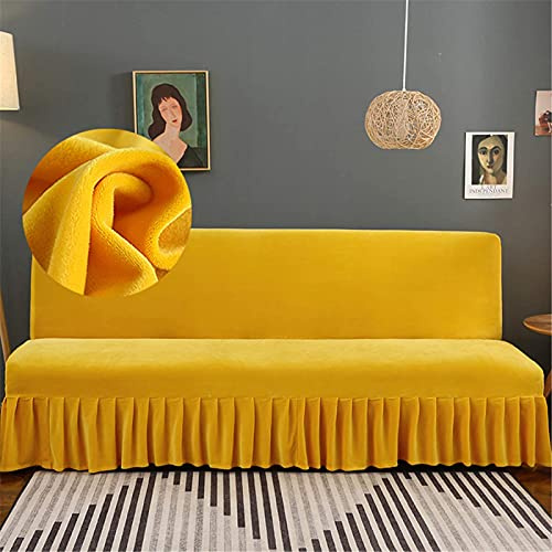 Sammet armlöst futonskydd med volang kjol, mjukt överdrag för futon, soffa och säng, elastisk botten, pälsskydd, liten gul futon överdrag