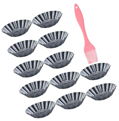 Angoily Molde para Tartaletas de Huevo, Molde de Acero al Carbono para Tartaletas de Huevo, Negro, Antiadherente, Bordes Acanalados, Cepillo de Silicona para Hornear Tartas y Budín