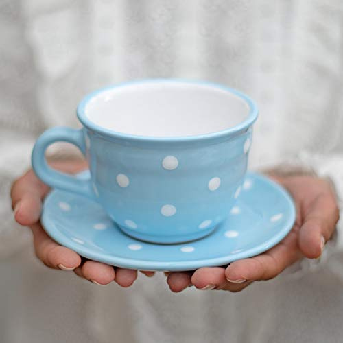 City to Cottage - Keramik Kaffebecher Teetasse 350 ml, Hellblau und Weiß Polka Dots Handgemacht Kaffeetasse mit Untertasse, Cappuccino Tasse