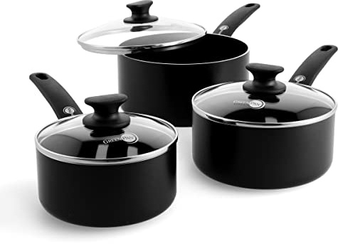 GreenPan Cambridge Healthy Ceramic Non-Stick Saucepan Set ,16cm/1.5L, 18cm/2.1L and 20cm/3.1 L Pot Set with lids, PFAS-Free, Induction, Oven Safe, Black