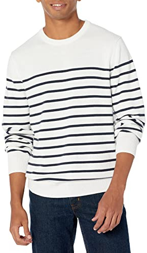 Amazon Essentials Men's Tröja med rund hals (finns i Big & Tall), Marinblå Vit Placerad rand, M