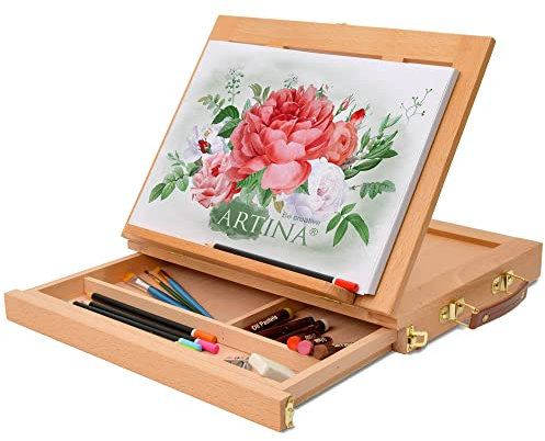Artina Tischstaffelei Holz Stabiles Malbrett mit Aufbewahrung Colmar – Verstellbares Zeichenbrett zum Malen & Zeichnen Rutschfeste Tischstaffelei im Koffer Staffelei Tisch