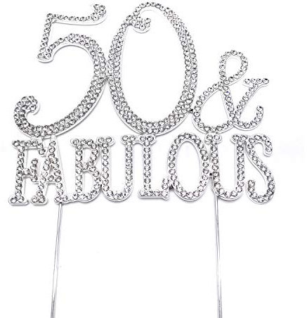 World of Sparkles 50 & Fabulous Cake Toppers with Silver Diamante Rhinestones Diamonds and Silver Base for Adult Birthday Party Only