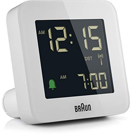 Braun Orologio Sveglia Digitale Radio controllato Fuso Orario Europa Centrale (DCF) con Funzione Snooze, Display LCD, Funzione Quick Set, Suono Sveglia Beep con crescendo, Bianco, BC09W-DCF.