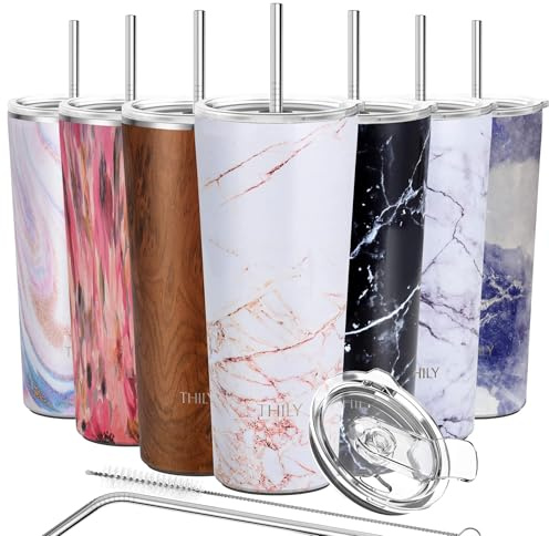 Thily Thermobecher aus Edelstahl, vakuumisoliert, 780 ml, Kaffeetasse mit 2 Deckeln und Strohhalmen, spritzwassergeschützt, hält Eisgetränke kalt, goldfarbener Marmor