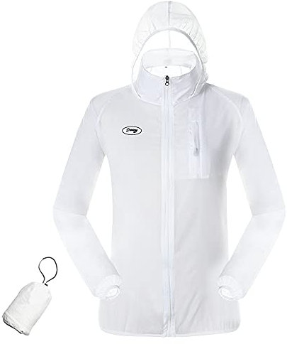 Dooy Running Cycling Jacket, Windproof Water-Repellent Bike Windbreaker, Hooded UV Protection Outdoor Coat, Ultralight and Packable (White, L-)
