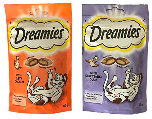 Dreamies Cat Treats Bundle - 2 Flavours - Delectable Duck and Tasty Chicken 60g (one of each)