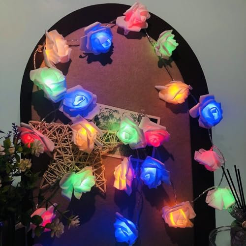 Riaxuebiy Rose Lichterkette Batteriebetriebene 50 LED Rose Rose Lichterketten Girland Kranz für Schlafzimmer Hochzeit Geburtstag Familienfeier Gartendekoration (Bunt Licht, 5m-Weiße Rose)