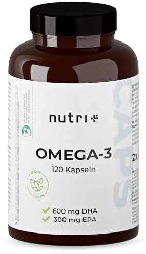 Nutri+ Vegan Omega-3-2000 mg di Olio d'Alga altamente dosato con 600 mg di DHA e 300 mg di EPA - Capsule vegane di Omega-3 alta Qualità - Testate in Laboratorio - 120 Caps